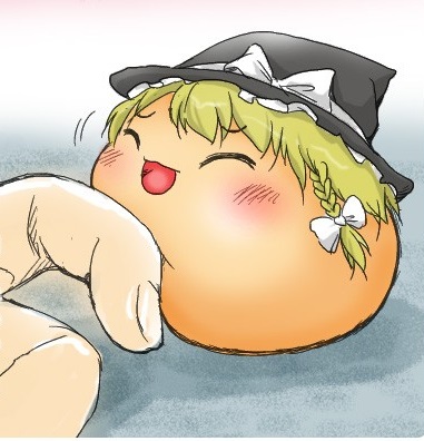 1girl, 1other, artist_request, black_hat, blonde_hair, blush, bow, braid, closed_eyes, creature, cute, eyebrows, eyebrows_visible_through_hair, floor, frilled_hat, frills, hand, hat, kirisame_marisa, lowres, motion_lines, open_mouth, tagme, touhou, white_bow, witch_hat, yukkuri_marisa, yukkuri_shiteitte_ne