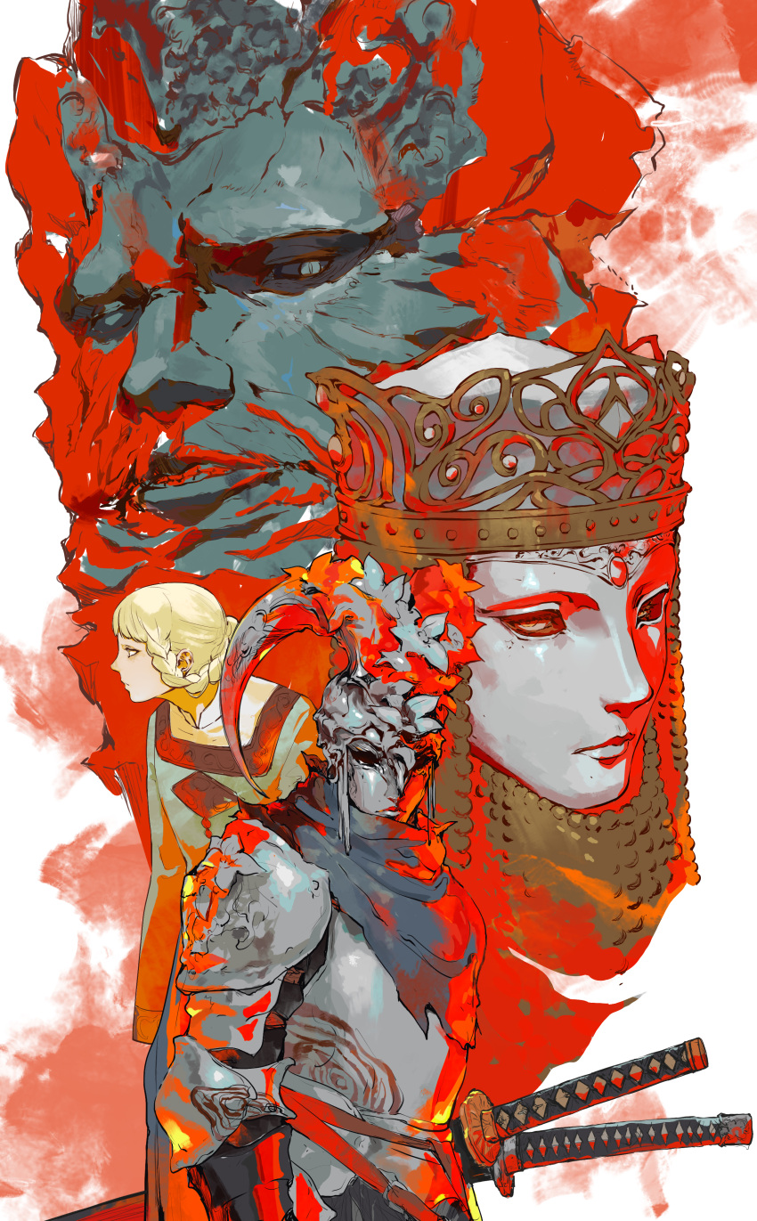 2boys, 2girls, absurdres, arm_at_side, armor, blonde_hair, braided_hair_rings, breastplate