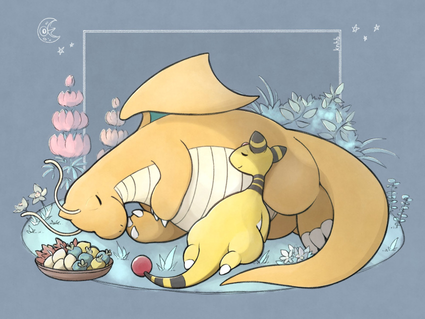 ampharos, animal_focus, berry_(pokemon), border, bowl, claws, closed_eyes, closed_mouth