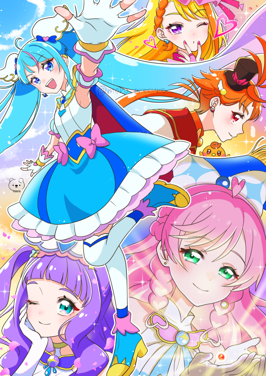 1boy, 4girls, absurdres, ankle_boots, aqua_eyes, artist_name, black_headwear, blonde_hair
