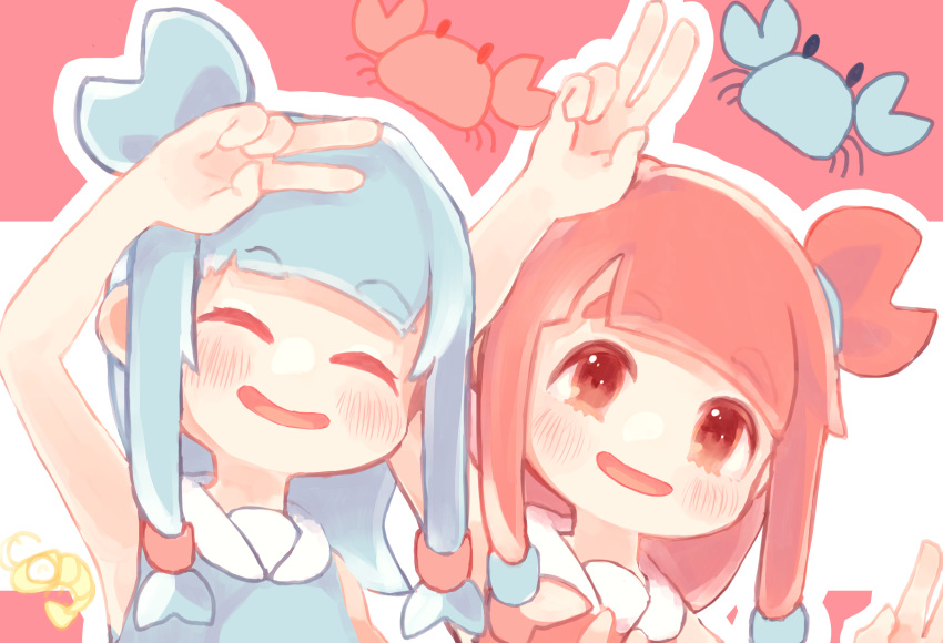 2girls, alternate_costume, alternate_hairstyle, arm_up, bare_arms, blue_hair, blue_shirt, blunt_bangs, blush, closed_eyes, collared_shirt, crab, double_v, facing_viewer, hand_up, highres, kani_kani_kani._(voiceroid), kotonoha_akane, kotonoha_aoi, leaning_to_the_side, long_hair, looking_at_viewer, low-tied_sidelocks, multiple_girls, one_side_up, open_mouth, pink_background, pink_eyes, pink_hair, pink_shirt, raised_eyebrows, red_shirt, shirt, shrimp, siblings, side-by-side, sidelocks, sisters, sleeveless, sleeveless_shirt, smile, thick_eyebrows, torokeru_maro, upper_body, v, voiceroid