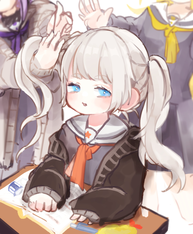 3girls, a.i._voice, adjusting_another's_hair, aged_down, alternate_costume, alternate_hairstyle, black_cardigan, blonde_hair