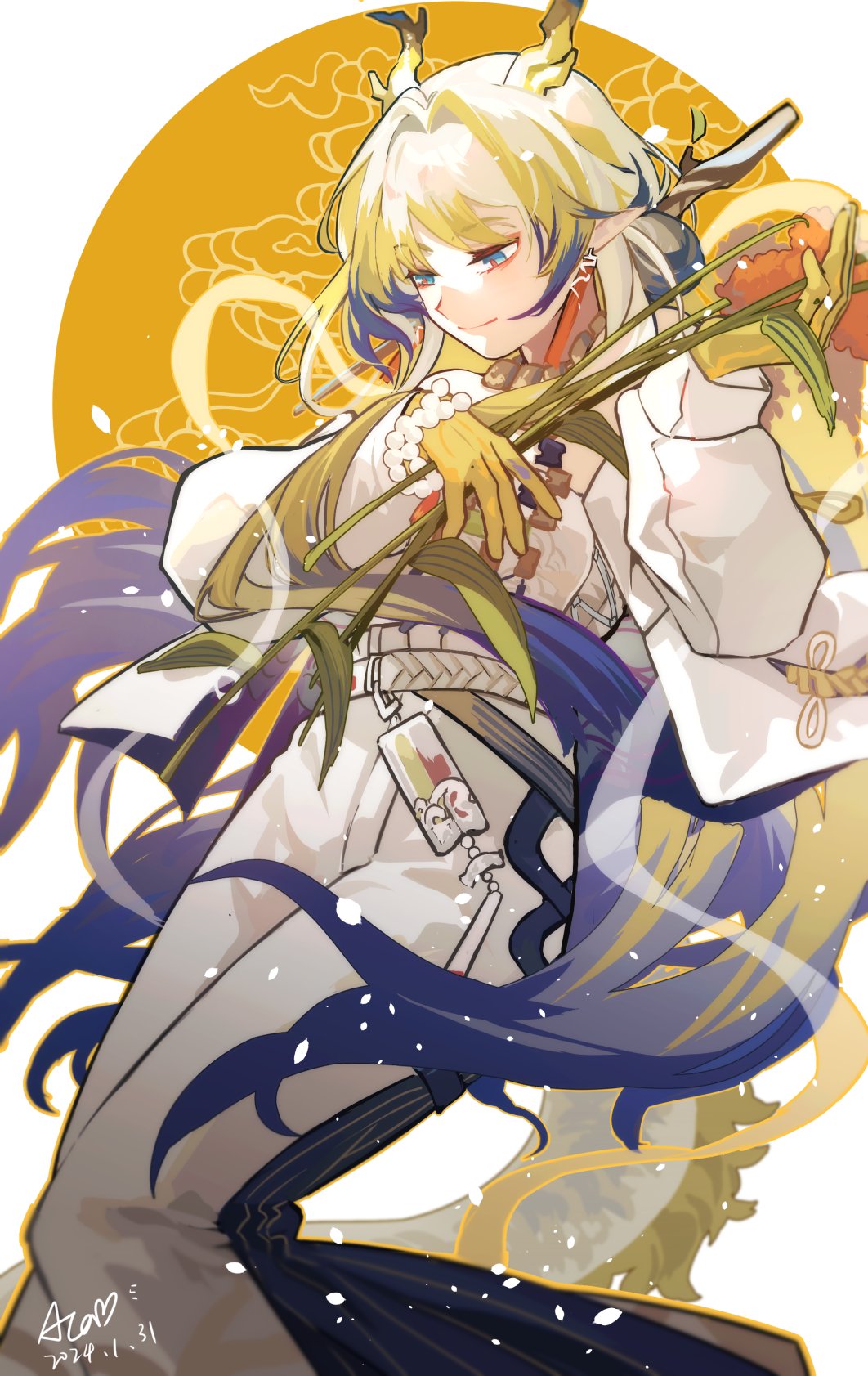 1girl, arknights, belt, blonde_hair, blue_hair, chinese_commentary, colored_skin, commentary_request