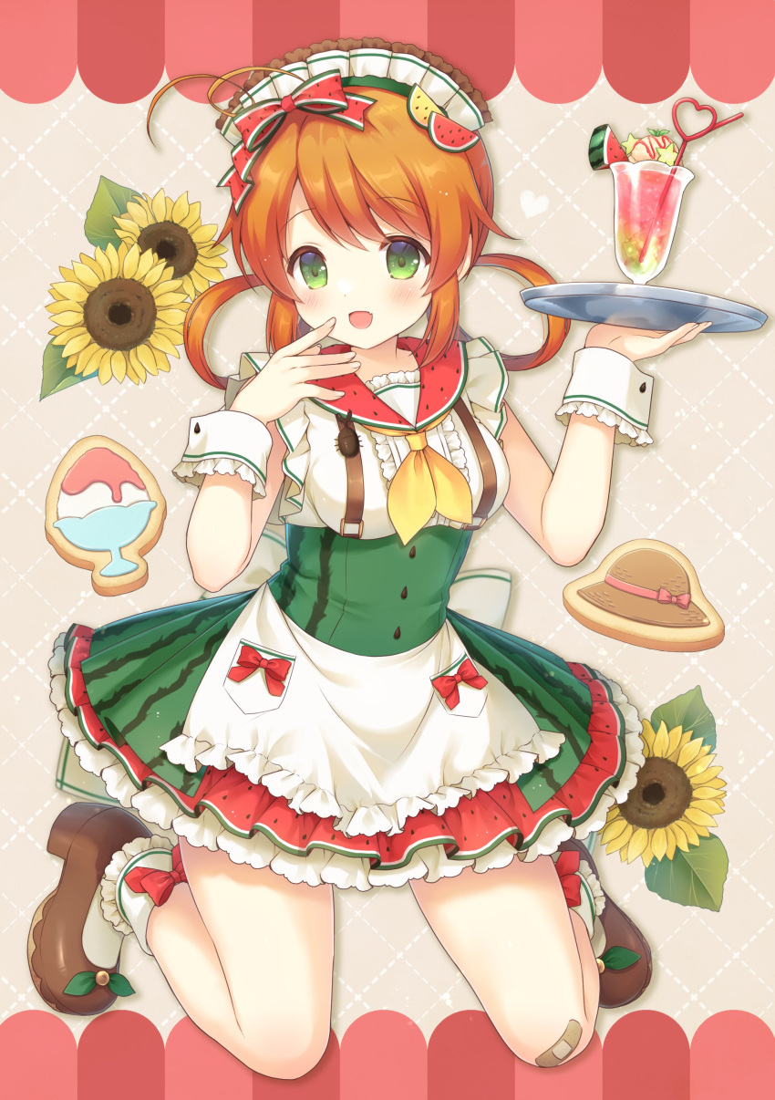 1girl, absurdres, apron, bandaid, bandaid_on_knee, bandaid_on_leg, brown_footwear, commentary_request