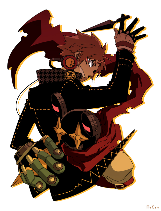 brown_hair, grin, hanamura_yousuke, headphones, jiraiya_(persona), jiraiya_(persona_4), kunai, mina_666