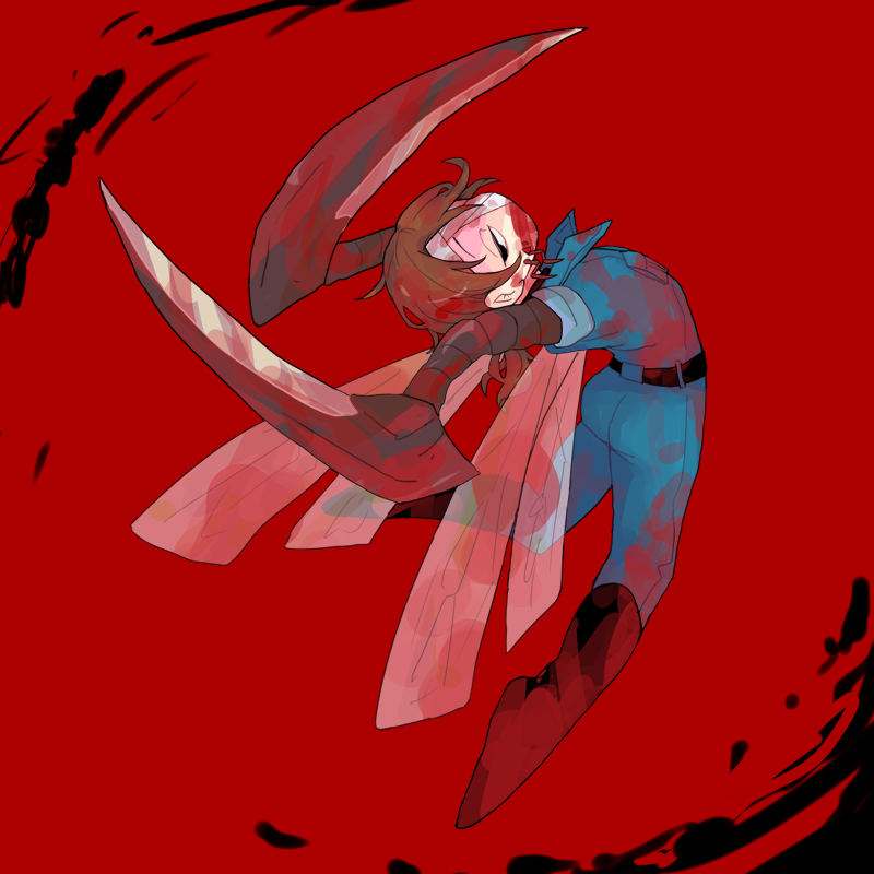 1boy, arthropod_limbs, ass, bandage_over_one_eye, black_eyes, blood, blood_on_clothes, blue_jacket