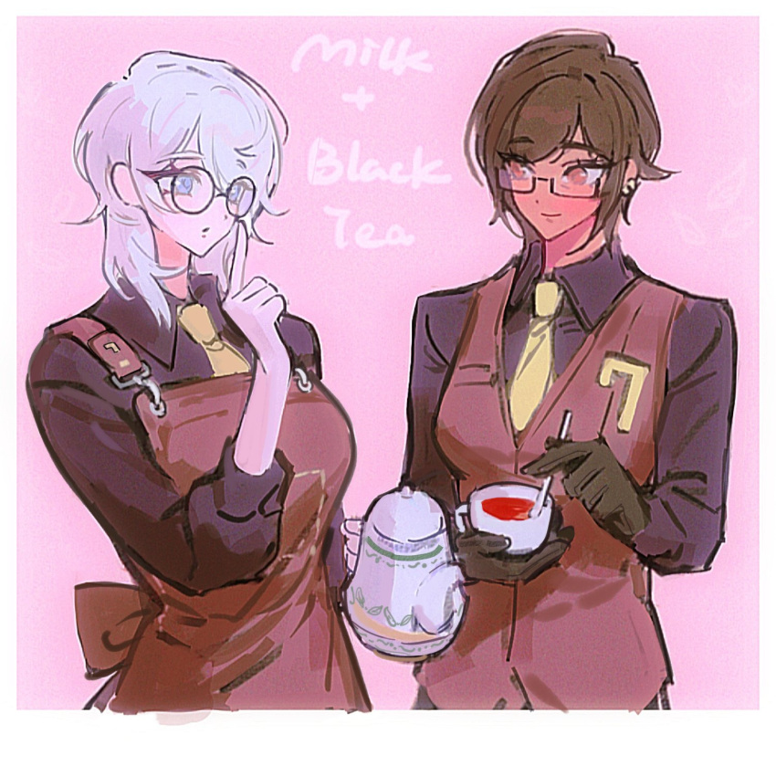 2girls, apron, black_gloves, black_shirt, brown_apron, brown_eyes, brown_hair, brown_vest
