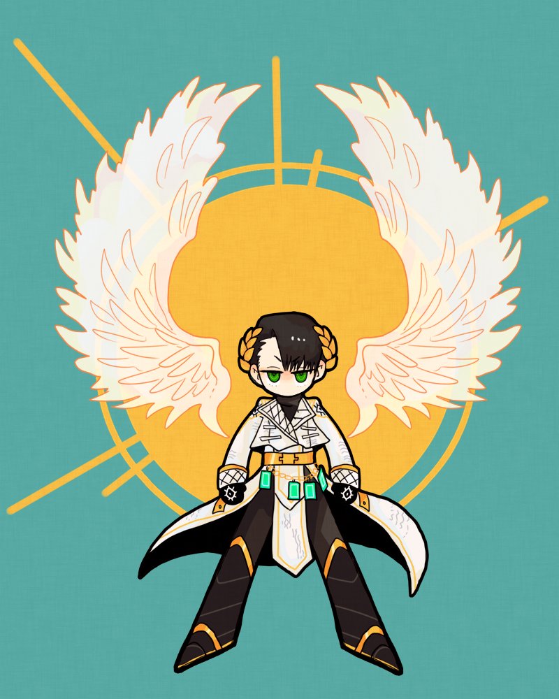 1boy, angel_wings, belt, black_hair, black_pants, blue_background, chain, coat