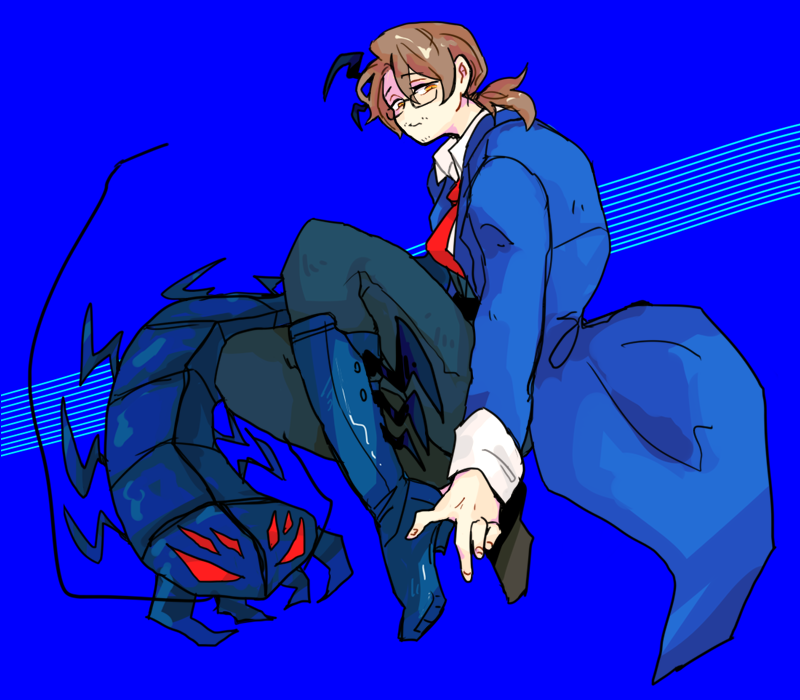 1boy, blue_background, blue_coat, blue_footwear, boots, brown_eyes, brown_hair, coat, e.g.o_(project_moon), facial_hair, gregor_(project_moon), hcc1bai, knees_up, limbus_company, long_sleeves, looking_at_viewer, low_ponytail, medium_hair, project_moon, shock_centipede_(project_moon), simple_background, solo, stubble