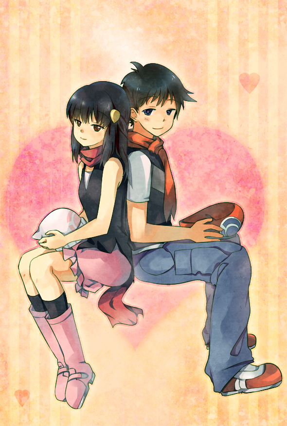 1girl, back-to-back, couple, diamond_(pokemon), hat, hat_removed, headwear_removed, heart