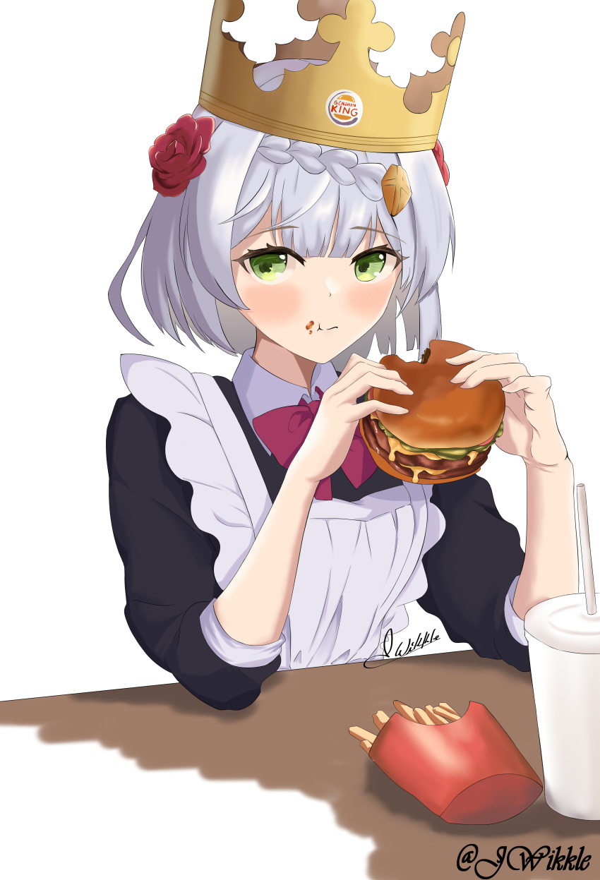 1girl, absurdres, apron, black_dress, blunt_bangs, braid, braided_bangs, burger