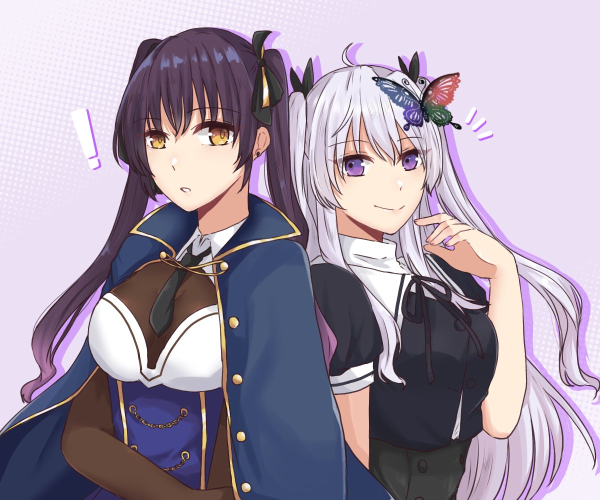 !, 2girls, ahoge, arm_at_side, assault_lily, black_necktie, black_ribbon, blue_cloak, blue_shirt, bodystocking, breasts, brown_gloves, butterfly_hair_ornament, buttons, cloak, closed_mouth, collared_shirt, commentary, cropped_jacket, drop_shadow, earrings, elbow_gloves, gloves, grey_hair, hair_ornament, hair_ribbon, halftone, halftone_background, hand_on_own_arm, hand_up, hishida_haru, imagawa_homare, jewelry, long_hair, looking_at_viewer, medium_breasts, multiple_girls, neck_ribbon, necktie, nigari_(ngari_0115), notice_lines, odaiba_girls_high_school_uniform, parted_lips, purple_background, purple_hair, ribbon, school_uniform, shirt, short_necktie, short_sleeves, side-by-side, sidelocks, sideways_glance, smile, stud_earrings, twintails, two-tone_shirt, two_side_up, underbust, upper_body, very_long_hair, violet_eyes, white_shirt, yellow_eyes, yellow_ribbon, yurigaoka_girls_academy_school_uniform