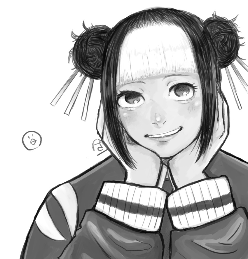 1girl, blunt_bangs, double_bun, greyscale, hair_bun, head_rest, highres, hinao_(kagurabachi)