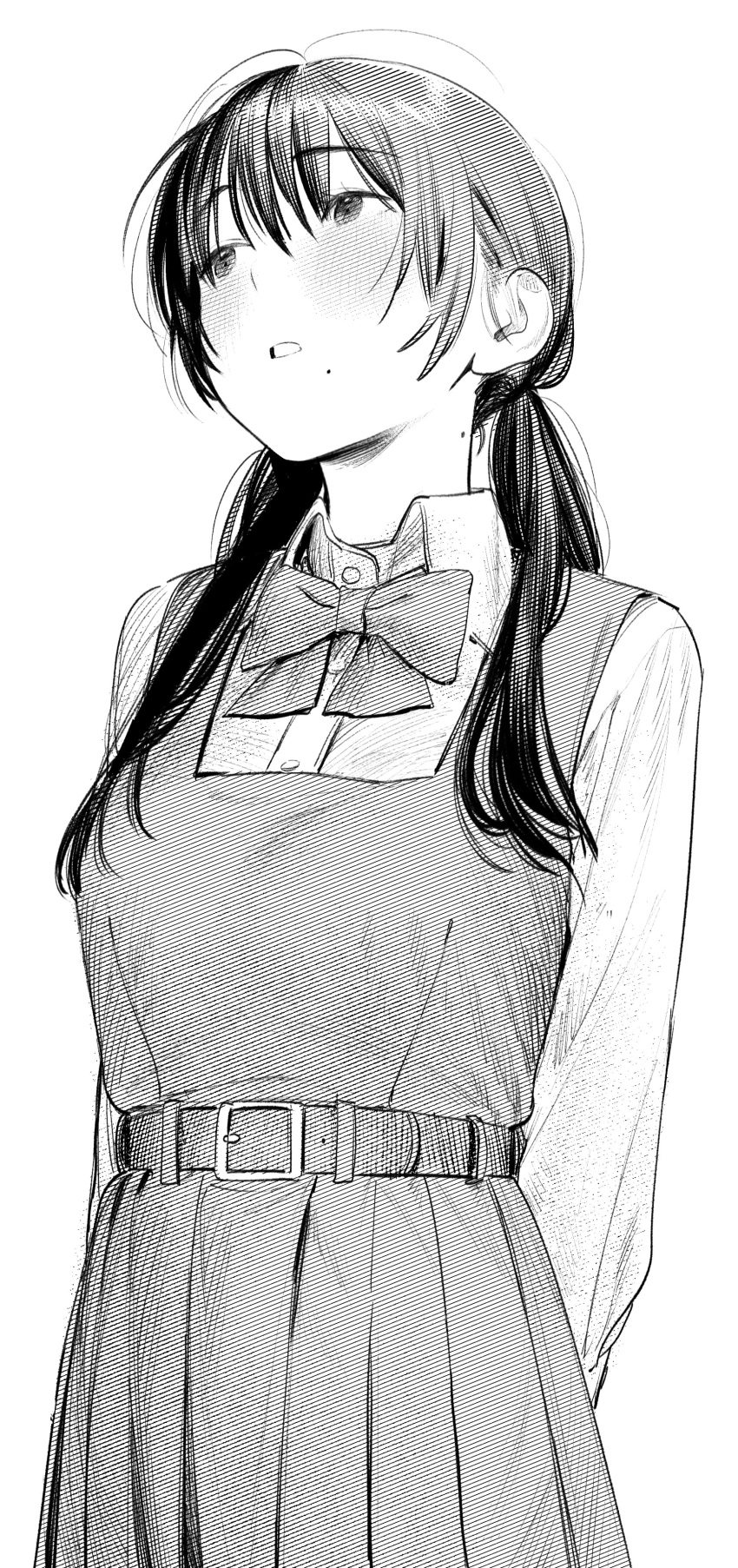 1girl, absurdres, belt, blush, bow, bowtie, collared_shirt, dress