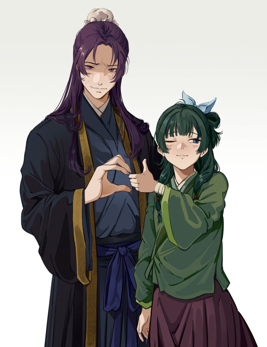 1boy, 1girl, absurdres, blue_eyes, bow, bun_cover, chinese_clothes, english_commentary