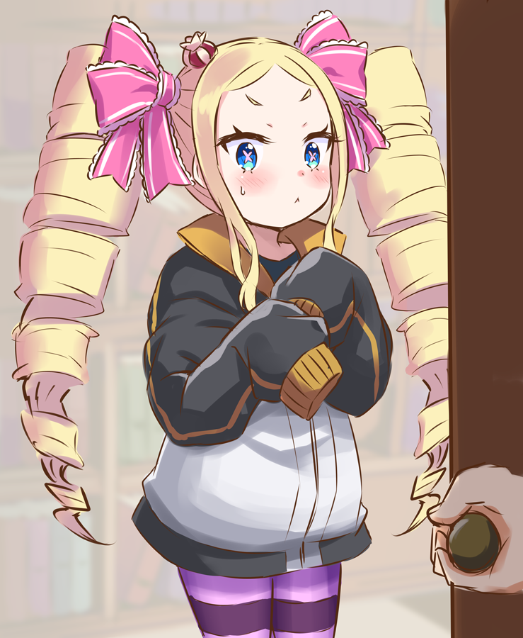 1girl, :<, beatrice_(re:zero), blonde_hair, blue_eyes, blush, butterfly-shaped_pupils, commentary_request