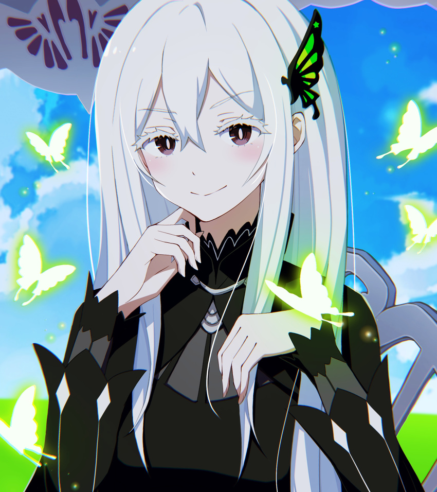 1girl, black_capelet, black_dress, blue_sky, blush, bug, butterfly, butterfly_hair_ornament