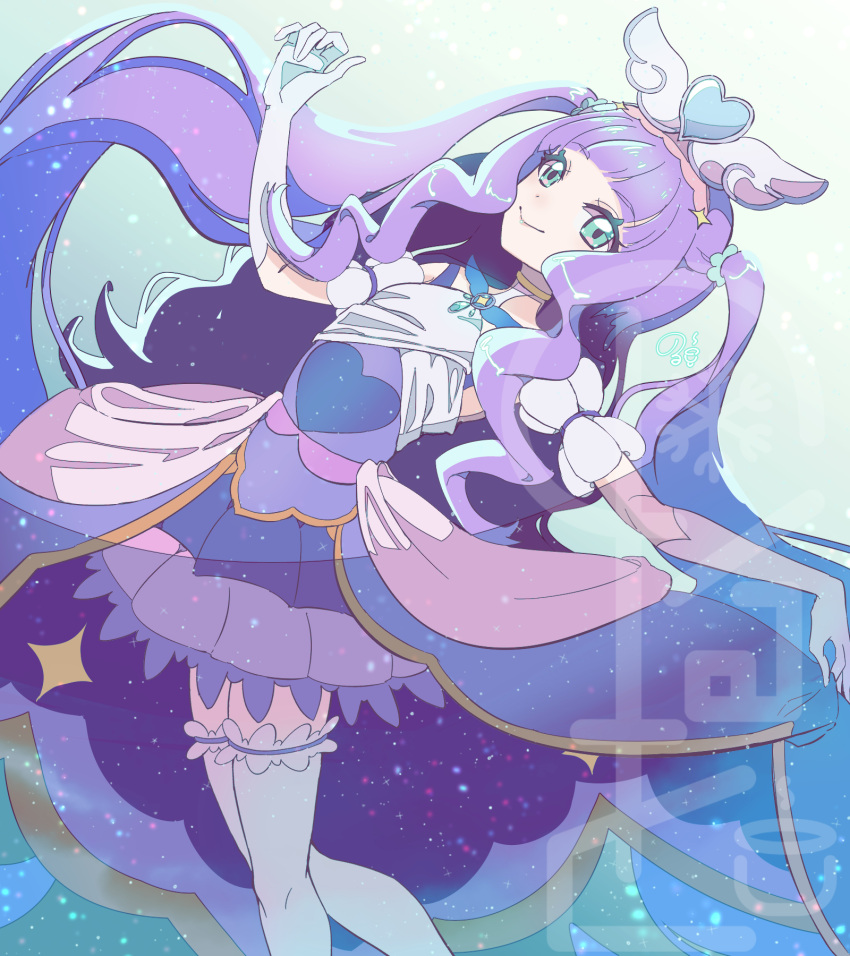 1girl, aqua_eyes, brooch, clothing_cutout, commentary, cure_majesty, dress, ellee-chan