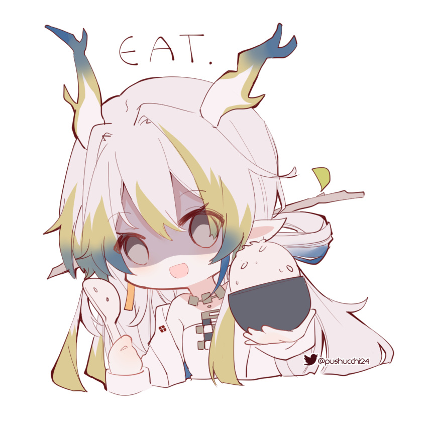 1girl, :d, arknights, bare_shoulders, black_eyes, blue_hair, blush, bowl, chibi, commentary, cropped_torso, dragon_girl, dragon_horns, english_commentary, english_text, green_hair, hair_between_eyes, hair_intakes, highres, holding, holding_bowl, holding_spoon, horns, jacket, jewelry, looking_at_viewer, multicolored_hair, necklace, off_shoulder, open_clothes, open_jacket, open_mouth, pushu, rice, rice_bowl, shaded_face, shamoji, shirt, shu_(arknights), simple_background, smile, solo, spoon, strapless, strapless_shirt, streaked_hair, twitter_logo, twitter_username, upper_body, white_background, white_hair, white_jacket, white_shirt