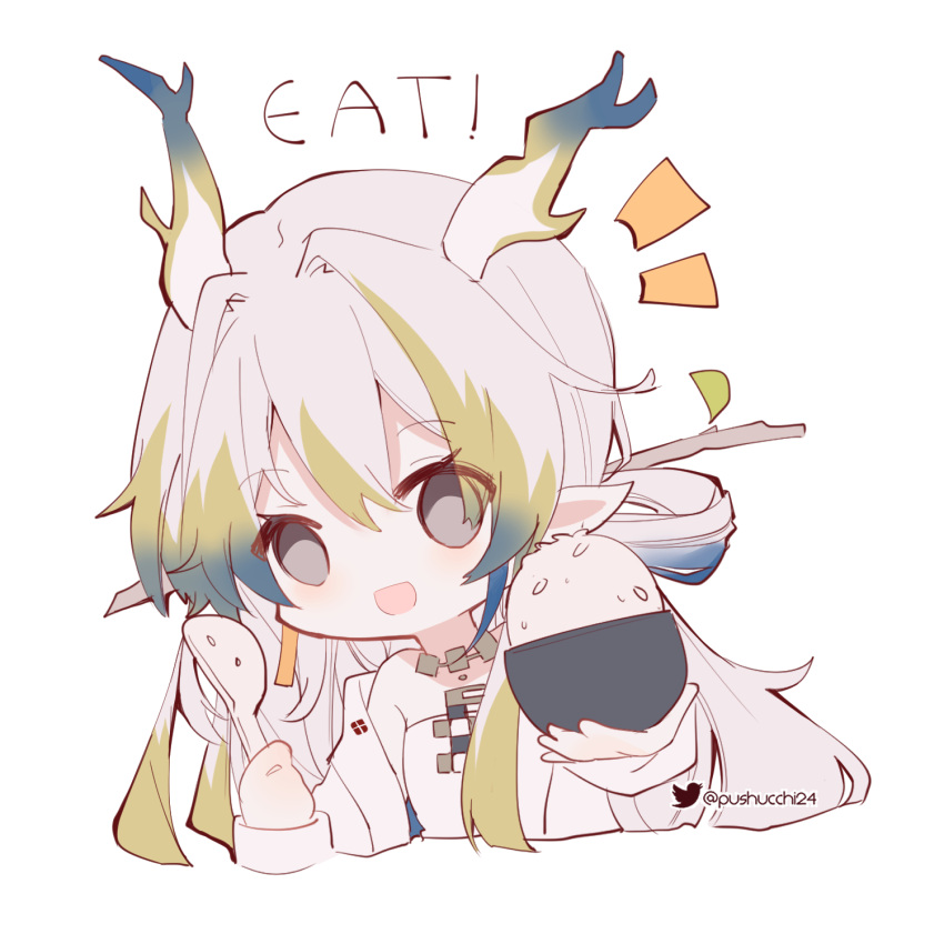 !, 1girl, :d, arknights, bare_shoulders, black_eyes, blue_hair, blush, bowl, chibi, commentary, cropped_torso, dragon_girl, dragon_horns, english_commentary, english_text, green_hair, hair_between_eyes, hair_intakes, highres, holding, holding_bowl, holding_spoon, horns, jacket, jewelry, looking_at_viewer, multicolored_hair, necklace, notice_lines, off_shoulder, open_clothes, open_jacket, open_mouth, pushu, rice, rice_bowl, shamoji, shirt, shu_(arknights), simple_background, smile, solo, spoon, strapless, strapless_shirt, streaked_hair, twitter_logo, twitter_username, upper_body, white_background, white_hair, white_jacket, white_shirt