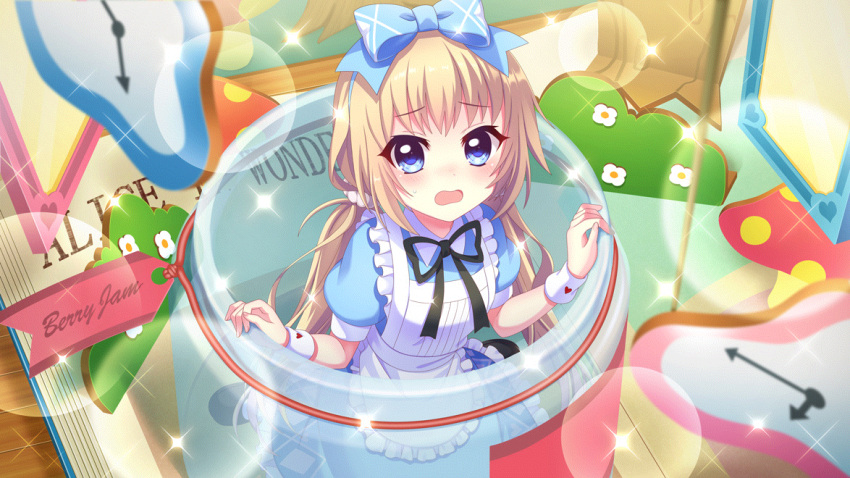 1girl, alice_(alice_in_wonderland), alice_(alice_in_wonderland)_(cosplay), alice_in_wonderland, analog_clock, apron, black_footwear, blue_bow