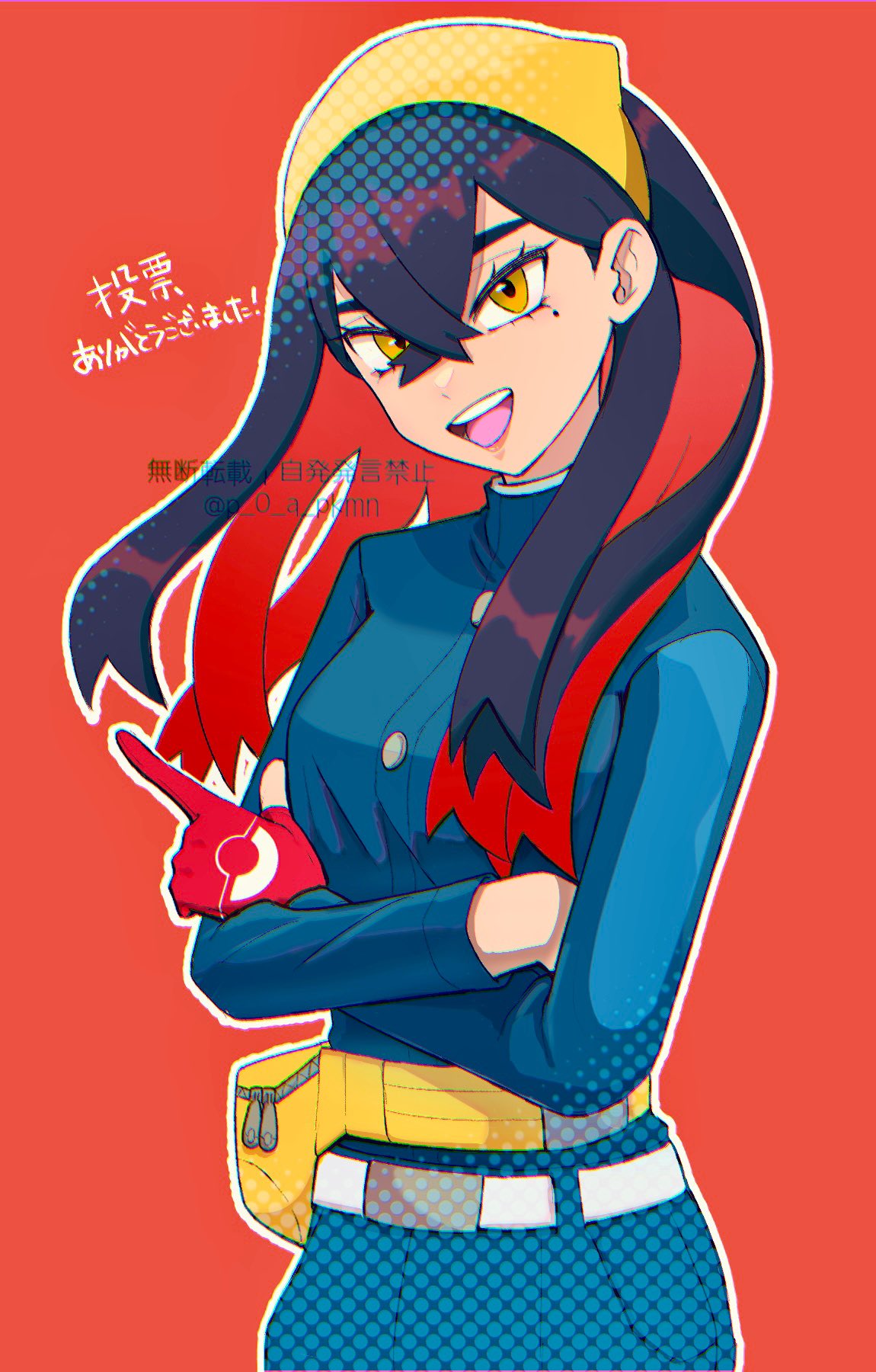 1girl, artist_name, belt, black_hair, blue_jacket, blue_pants, buttons, carmine_(pokemon), commentary_request, crossed_arms, crossed_bangs, eyelashes, gloves, hairband, highres, jacket, long_hair, looking_at_viewer, mole, mole_under_eye, multicolored_hair, open_mouth, p_0_a, pants, pokemon, pokemon_sv, pouch, print_gloves, red_background, red_gloves, redhead, simple_background, smile, solo, teeth, translation_request, twitter_username, two-tone_hair, upper_teeth_only, watermark, yellow_eyes, yellow_hairband