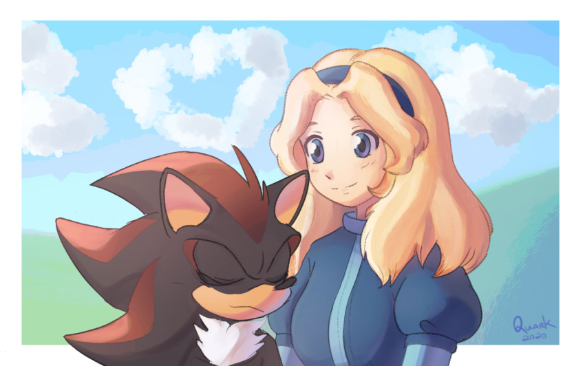 1boy, 1girl, 2020, blonde_hair, border, closed_eyes, clouds, furry, furry_male, heart-shaped_cloud, maria_robotnik, outside_border, quark196, shadow_the_hedgehog, signature, sonic_(series), split_mouth, upper_body, white_border, white_fur