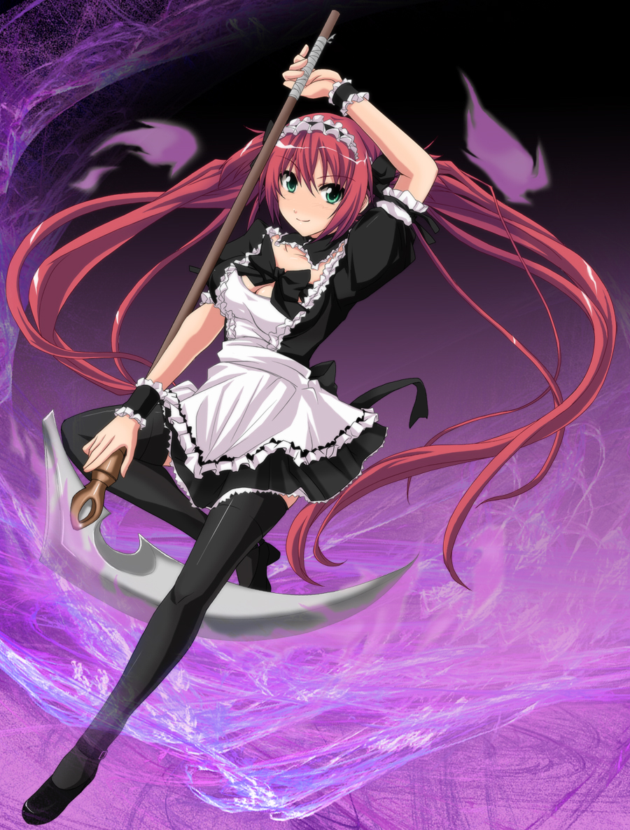 black_legwear, black_thighhighs, breasts, cleavage, green_eyes, hair_ribbon, long_hair, maid