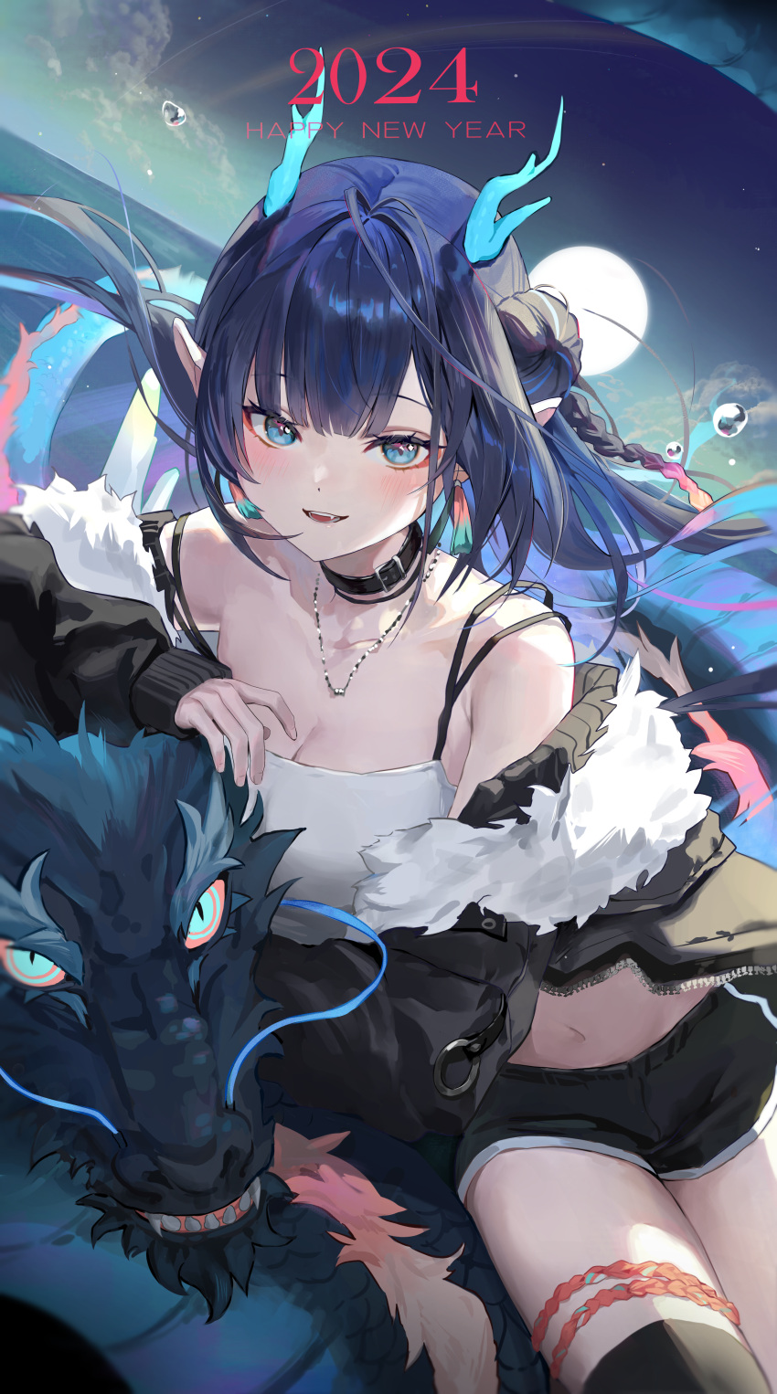 1girl, absurdres, animal, blue_eyes, blue_hair, breasts, chinese_zodiac, choker