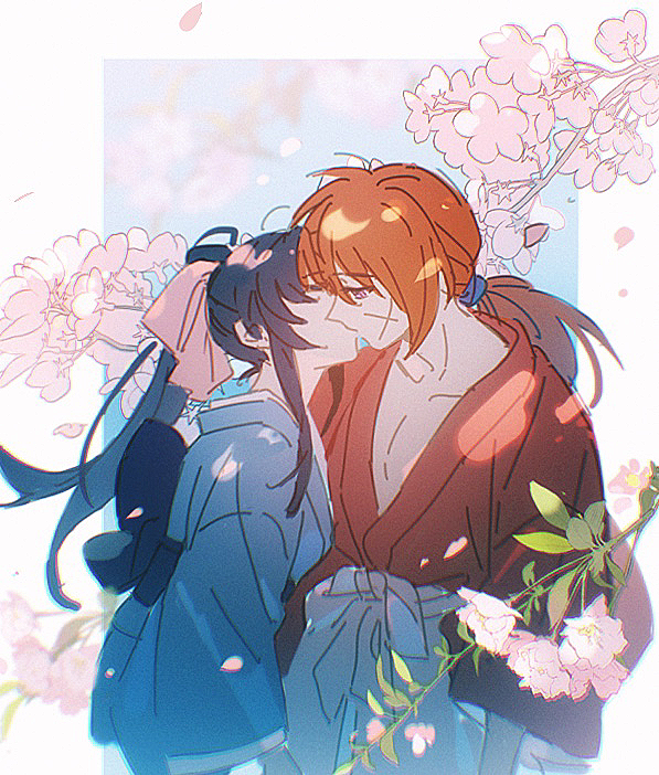 1boy, 1girl, black_hair, blue_kimono, cherry_blossoms, closed_eyes, collarbone, commentary, couple, cowboy_shot, cross_scar, falling_petals, floral_background, hair_ribbon, hakama, hakama_pants, hetero, high_ponytail, himura_kenshin, japanese_clothes, kamiya_kaoru, kimono, kiss, long_hair, long_sleeves, looking_at_another, low_ponytail, menglin393, orange_hair, pants, pectorals, petals, pink_ribbon, red_kimono, redhead, ribbon, rurouni_kenshin, sash, scar, scar_on_cheek, scar_on_face, sidelocks, white_hakama, wide_sleeves
