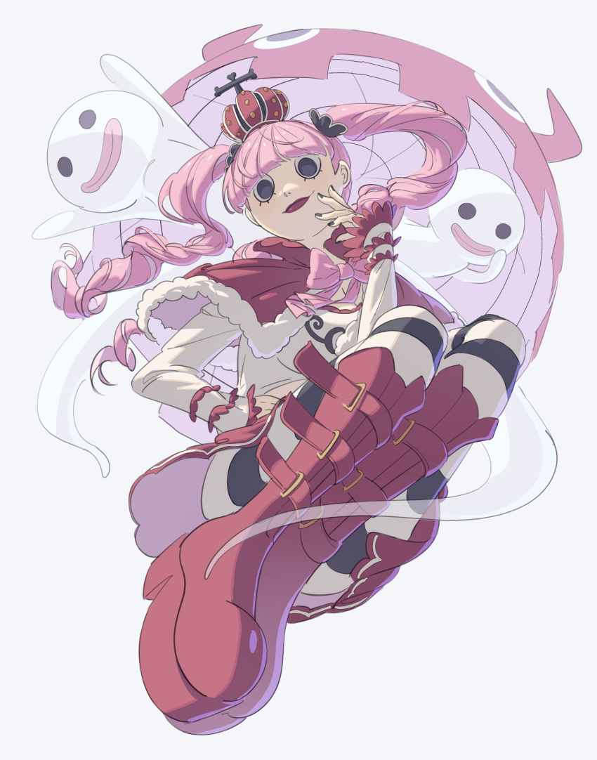 black_nails, boots, bow, crown, fur-trimmed_poncho, ghost, highres, knee_boots