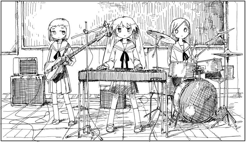 3girls, amplifier, ayaka_(shimeji_simulation), chalkboard, character_request, classroom, electric_guitar, full_body