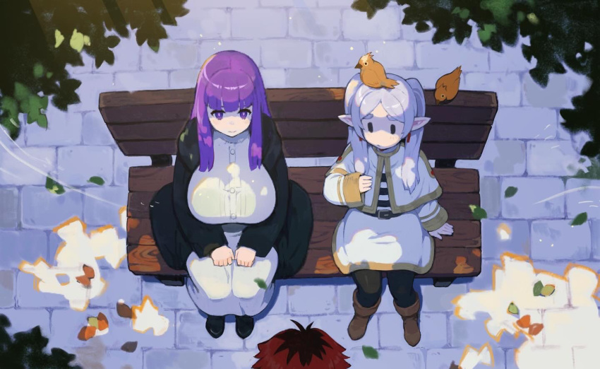 1boy, 2girls, animal_on_head, autumn_leaves, bench, bird, bird_on_head, black_cloak