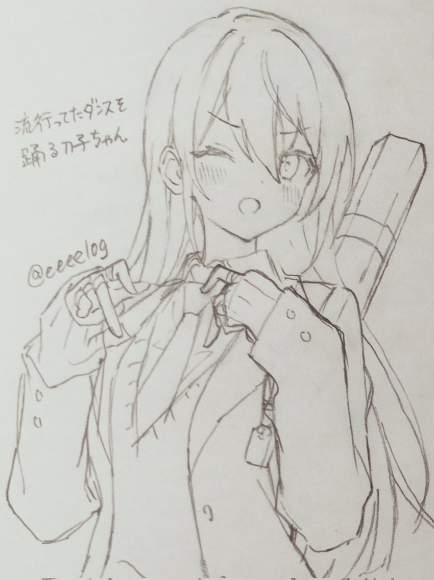 1girl, blazer, blush, collared_shirt, dot_nose, genderswap, genderswap_(mtf), greyscale