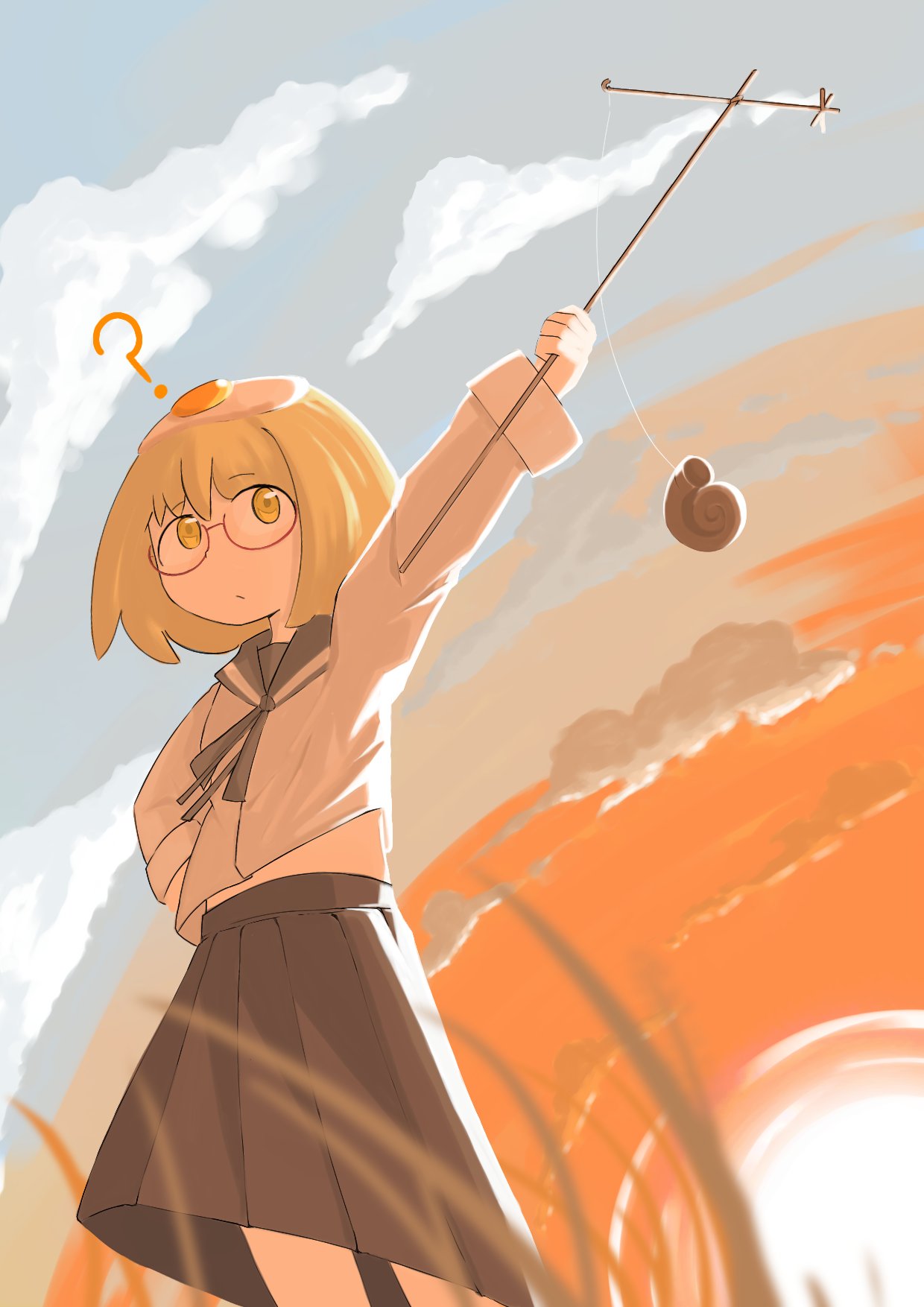 1girl, bat_krub, black_neckerchief, black_sailor_collar, black_skirt, blonde_hair, closed_mouth, clouds