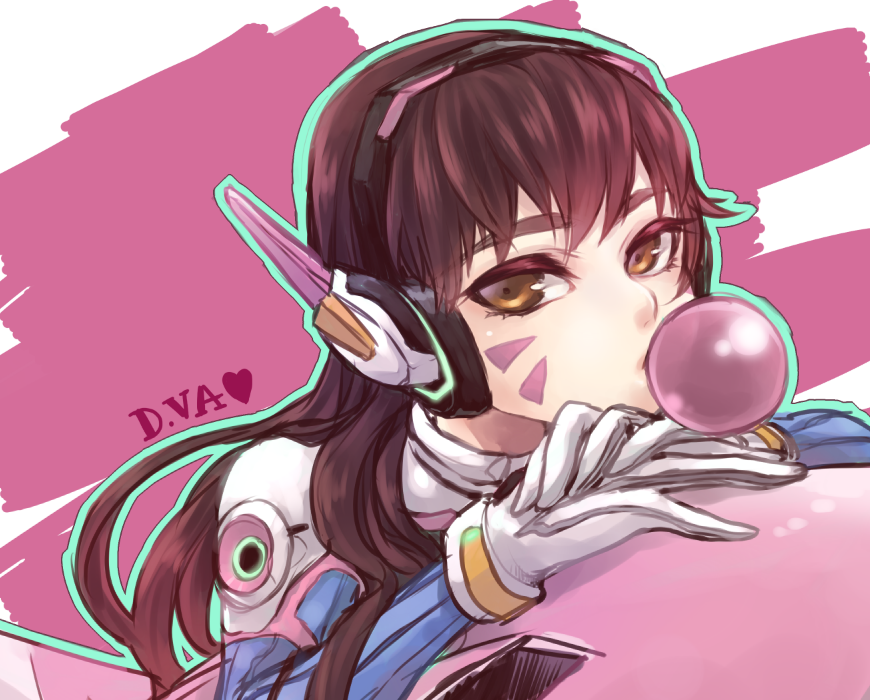 1girl, animification, armor, bodysuit, brown_eyes, brown_hair, bubble_blowing, character_name, chewing_gum, commentary_request, d.va_(overwatch), facial_mark, gloves, headphones, heart, high_collar, jun_(junxjunx), long_hair, looking_at_viewer, mecha, meka_(overwatch), overwatch, overwatch_1, pilot_suit, robot, solo, swept_bangs, upper_body, whisker_markings, white_gloves