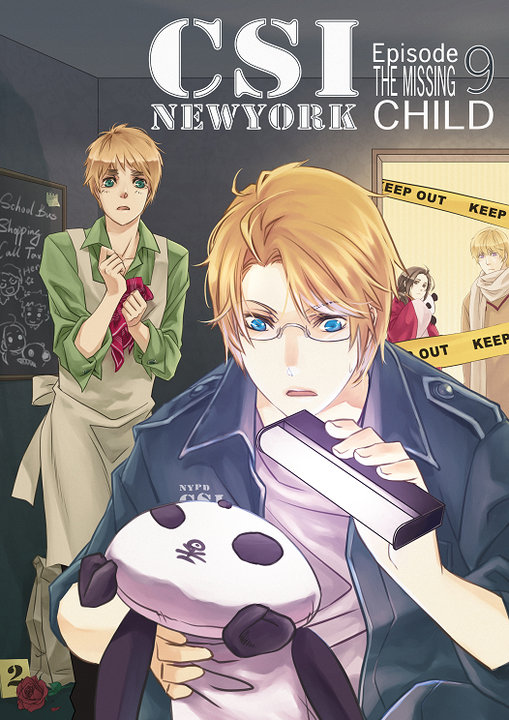 ahoge, america_(hetalia), apron, axis_powers_hetalia, blonde_hair, blue_eyes, brown_eyes, brown_hair, chaldee, chalk_board, chalkboard, china_(hetalia), chinese_clothes, coat, csi, csi_new_york, csi_newyork, d:, flower, glasses, green_eyes, male, multiple_boys, open_mouth, panda_bear, parody, purple_eyes, red_rose, rose, russia_(hetalia), scarf, stuffed_animal, stuffed_toy, teddy_bear, united_kingdom_(hetalia), violet_eyes