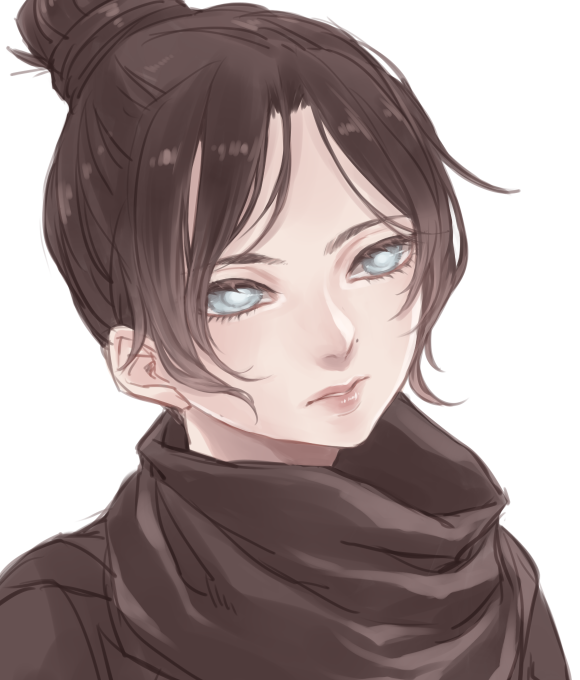 1girl, animification, apex_legends, black_hair, black_scarf, black_shirt, blue_eyes, hair_behind_ear, hair_bun, jun_(junxjunx), looking_ahead, looking_up, parted_lips, portrait, scarf, shirt, simple_background, single_hair_bun, solo, white_background, wraith_(apex_legends)
