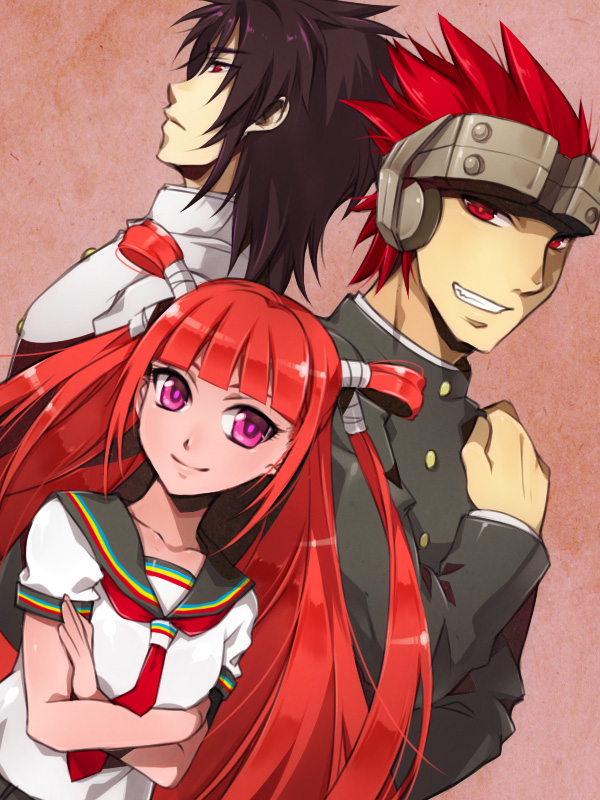 1girl, 2boys, beatmania, beatmania_iidx, black_hair, black_sailor_collar, breasts, buttons
