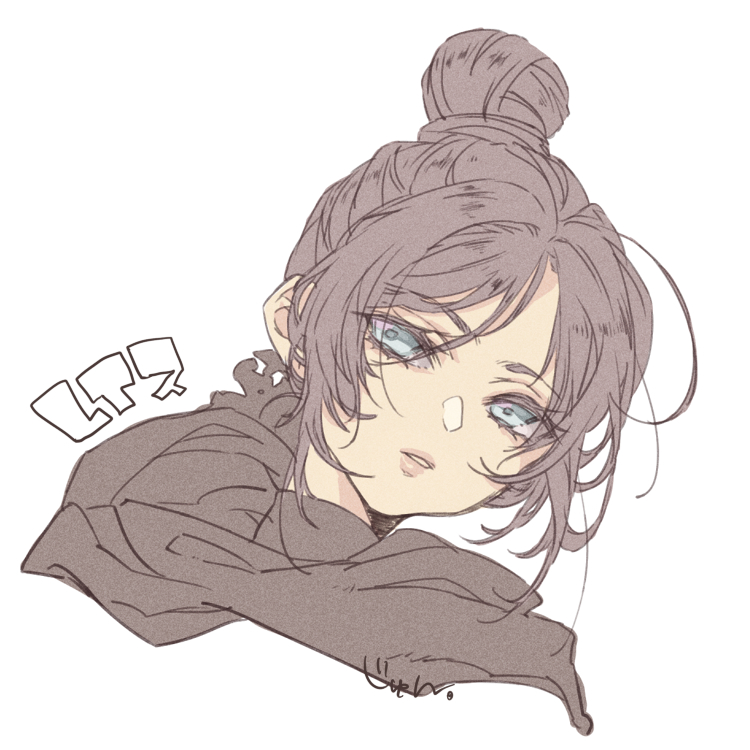 1girl, animification, apex_legends, artist_name, black_hair, black_scarf, blue_eyes, character_name, hair_bun, jun_(junxjunx), parted_bangs, parted_lips, portrait, scarf, simple_background, single_hair_bun, solo, white_background, wraith_(apex_legends)
