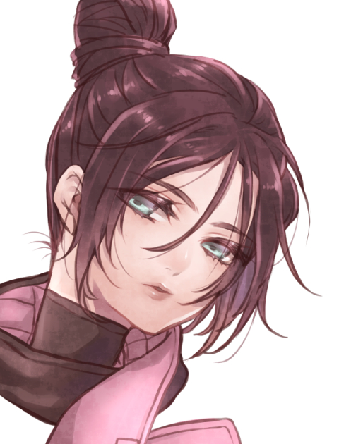 1girl, animification, apex_legends, black_hair, blue_eyes, hair_behind_ear, hair_between_eyes, hair_bun