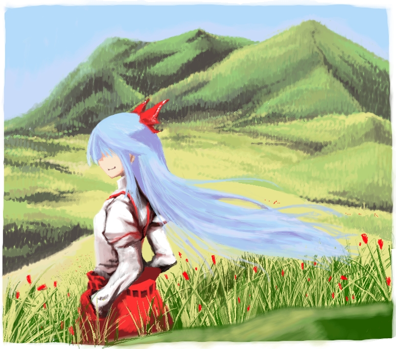 field, flower, fujiwara_no_mokou, hair_over_eyes, hands_in_pockets, landscape, long_hair, mountain