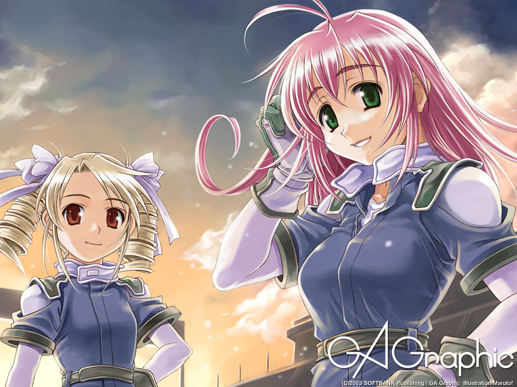 antenna_hair, belt, blonde_hair, bodysuit, brown_eyes, cloud, drill_hair, felice, felicia_yuri_benety, flat_chest, formula_gear, gagraphic, gloves, green_eyes, hair_ribbon, maruto, maruto!, multiple_girls, pink_hair, red_eyes, ribbon, sky, smile, soft_beauty, twintails, wallpaper