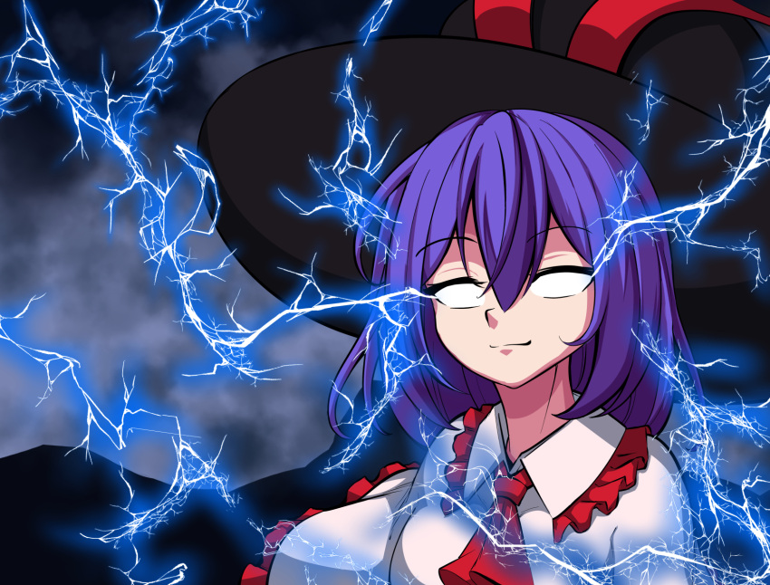 1girl, ascot, black_headwear, bmkro, closed_mouth, commentary, frills, highres, lightning, low_tier_god, meme, nagae_iku, no_pupils, purple_hair, red_ascot, short_hair, solo, spanish_commentary, touhou, upper_body, you_should_kill_yourself_now_(meme)