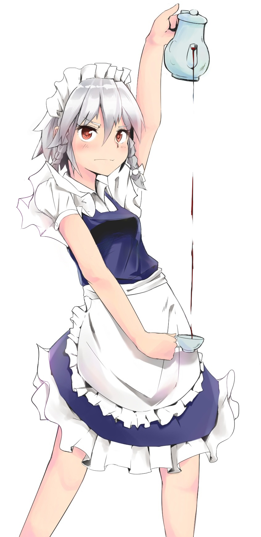 1girl, alternate_eye_color, apron, blue_dress, blush, bow, braid, breasts, commentary_request, cup, decantering, dress, frilled_apron, frills, grey_hair, hair_between_eyes, hair_bow, highres, holding, holding_cup, holding_teapot, izayoi_sakuya, looking_at_viewer, maid, maid_headdress, medium_bangs, orange_eyes, pinafore_dress, shirt, short_hair, short_sleeves, shu187, side_braids, simple_background, skirt, sleeveless, sleeveless_dress, small_breasts, solo, tea, teacup, teapot, touhou, twin_braids, waist_apron, white_apron, white_background, white_bow, white_shirt