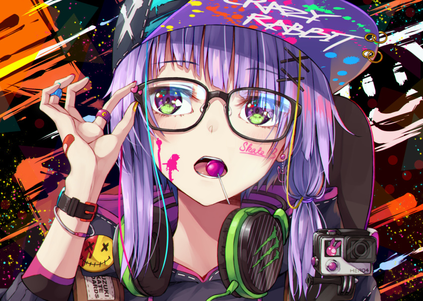 1girl, action_camera, adjusting_eyewear, alternate_costume, bandaid, bandaid_on_hand, baseball_cap, black_hoodie, candy, color_streak, commentary_request, drop_earrings, earrings, english_text, flask_(pandora), food, glasses, green_eyes, hair_ornament, hairclip, hand_up, hat, headphones, headphones_around_neck, hood, hood_down, hoodie, jewelry, light_blush, lollipop, looking_at_viewer, monster_energy, mouth_hold, multicolored_eyes, multicolored_nails, open_mouth, paint_splatter, paint_splatter_on_face, pink_hoodie, portrait, rabbit_earrings, short_hair, sidelocks, skateboard, skateboard_behind_back, smiley_face, solo, splatter_background, two-tone_hoodie, video_camera, violet_eyes, vocaloid, voiceroid, watch, watch, yuzuki_yukari