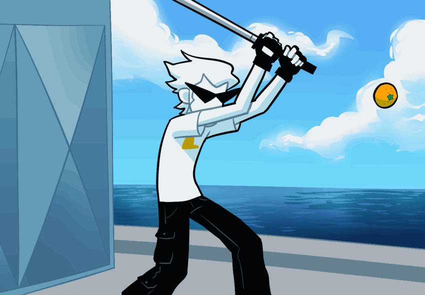 1boy, animated, animated_gif, black_pants, clouds, colored_skin, day, dirk_strider, food, fruit, fruit_ninja, homestuck, lemon, outdoors, pancakemolybdenum_(lovisa), pants, shirt, slashing, slicing, standing, sunglasses, t-shirt, water, white_hair, white_skin