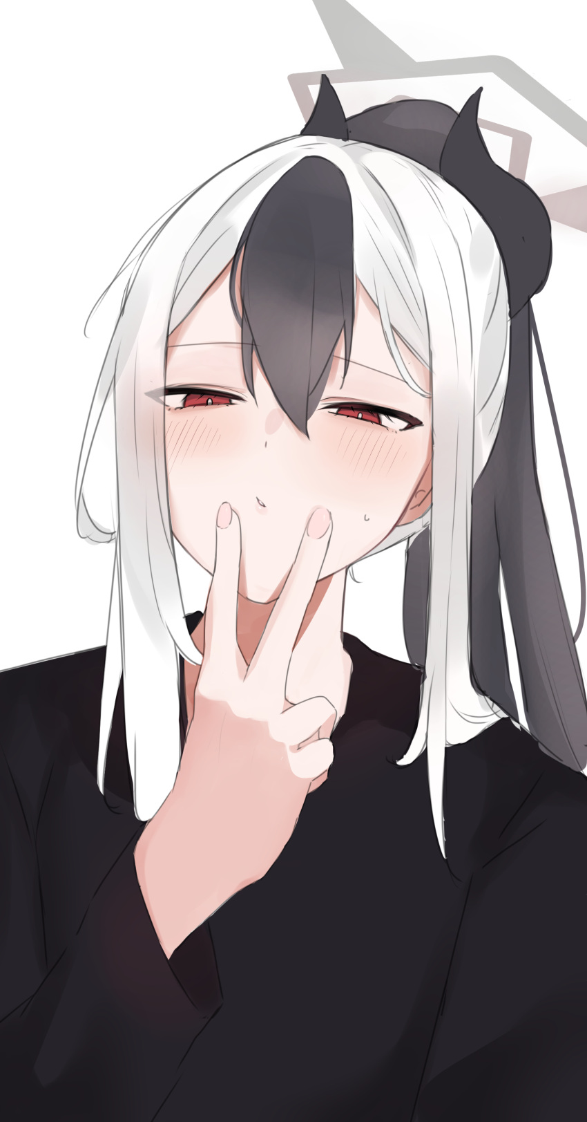 1girl, absurdres, black_hair, black_shirt, blue_archive, blush, demon_horns, fingernails