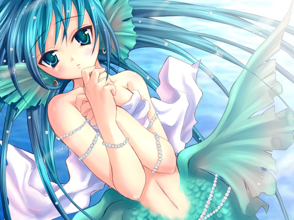 aqua_hair, blush, breasts, earrings, hand_on_own_chest, head_fins, jewelry, long_hair