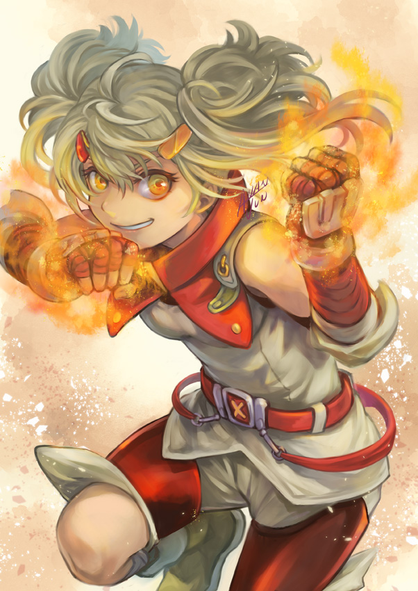 1girl, aj_(noranukoaj), bare_shoulders, belt, blonde_hair, breasts, fighting_stance, fingerless_gloves